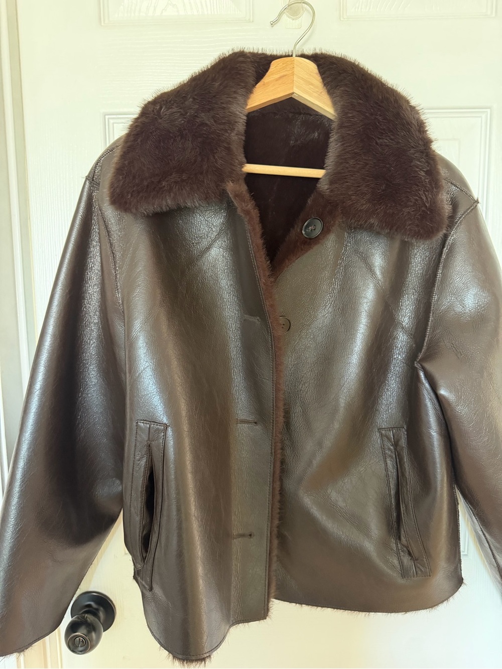 Classic Brown Shearling-Trim Leather Jacket